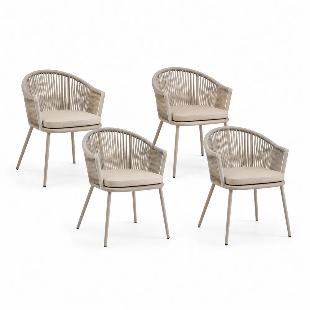 Gartenstuhl Set 4 Stück 61 x 60 x 78 cm PE Seilgeflecht Beige Taupe Stahl mit Sitzkissen Armlehnen