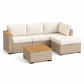 Gartensofa Set 3-teilig L Form PE Rattan Aluminiumgestell Kissen Polyester Couchtisch Akazienholz Natur Beige Weiß 230 x 160 x 75 cm