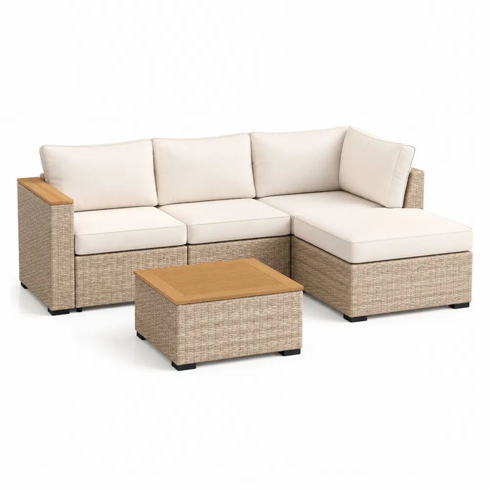 Gartensofa Set 3-teilig L Form PE Rattan Aluminiumgestell Kissen Polyester Couchtisch Akazienholz Natur Beige Weiß 230 x 160 x 75 cm