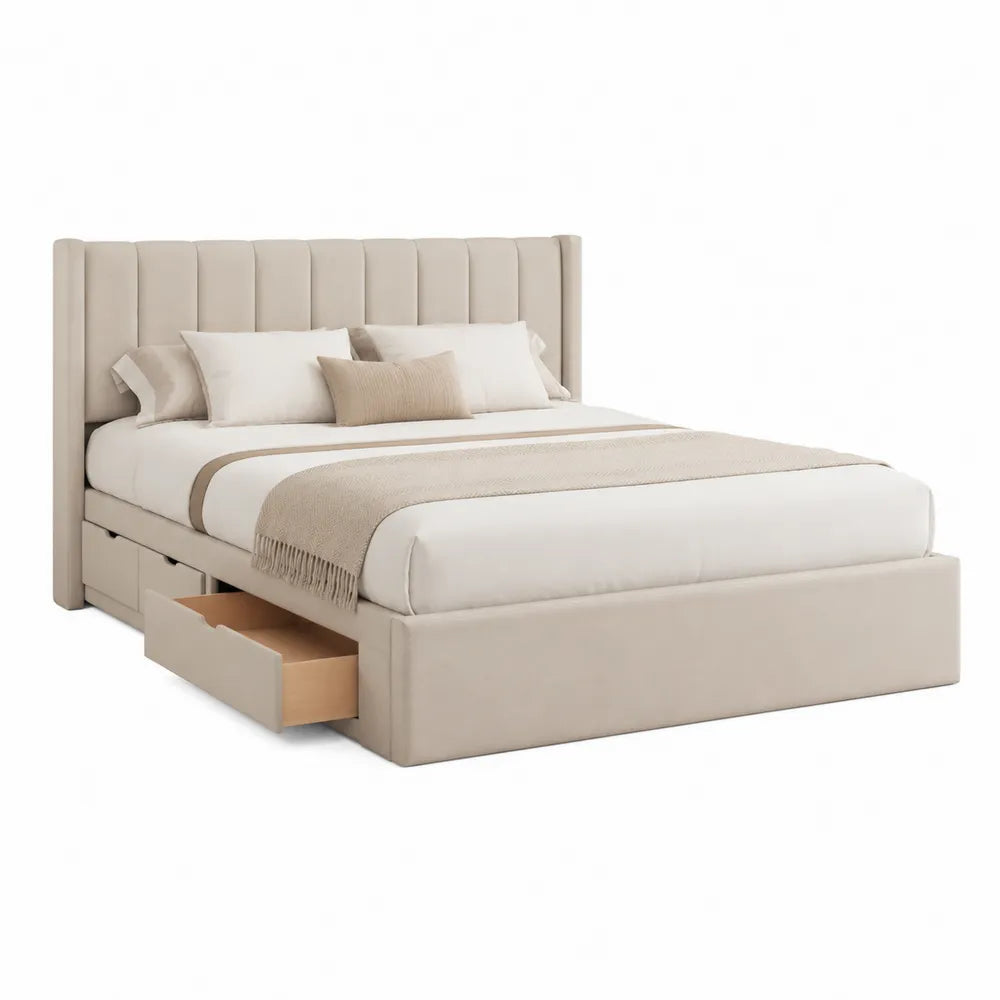 Stauraumbett 180 x 200 cm Bettgestell mit Schubladen gepolstertes Kopfteil Stoff Beige MDF Sperrholz Stahlrahmen Doppelbett rechteckig