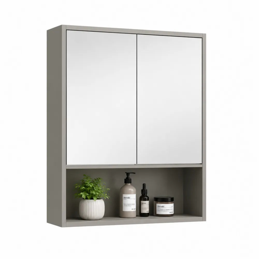 Spiegelschrank Badezimmerschrank 70 cm x 16 cm x 80 cm MDF Spiegelglas rechteckig Grau mit zwei Spiegeltüren und offenem Fach