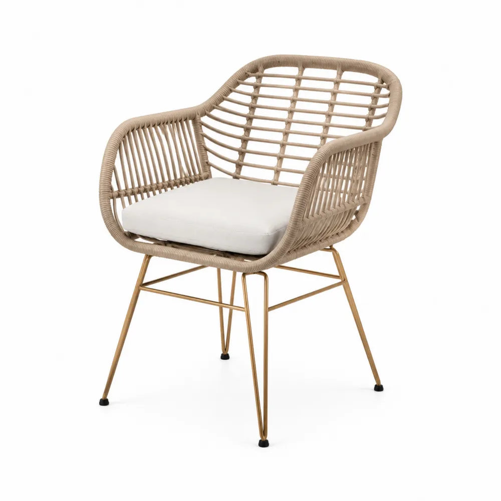 Esszimmerstuhl Armlehnenstuhl PE Rattan Metallgestell Gold Sitzkissen Beige 60 x 58 x 78 cm