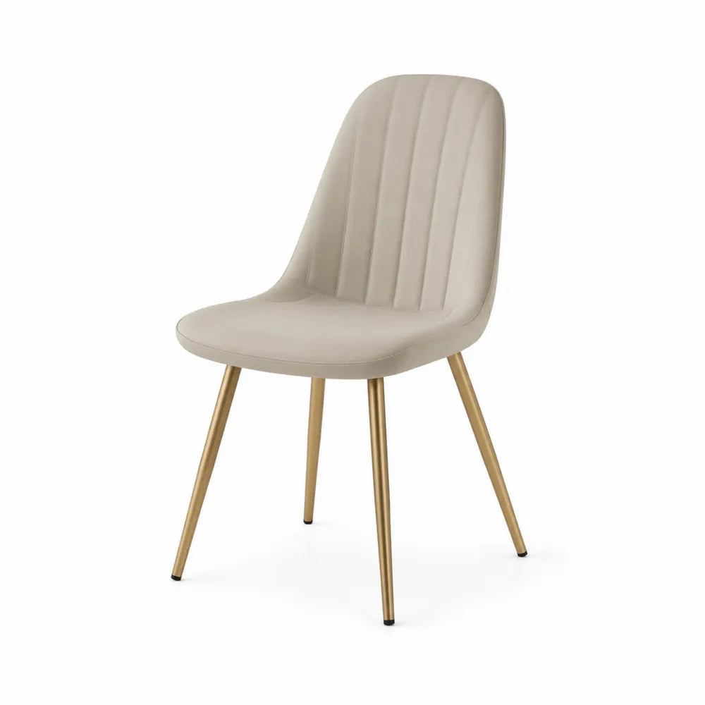 Esszimmerstuhl 85 cm x 45 cm x 55 cm Polsterstuhl PU Leder Beige Metallbeine Gold vertikal gesteppt