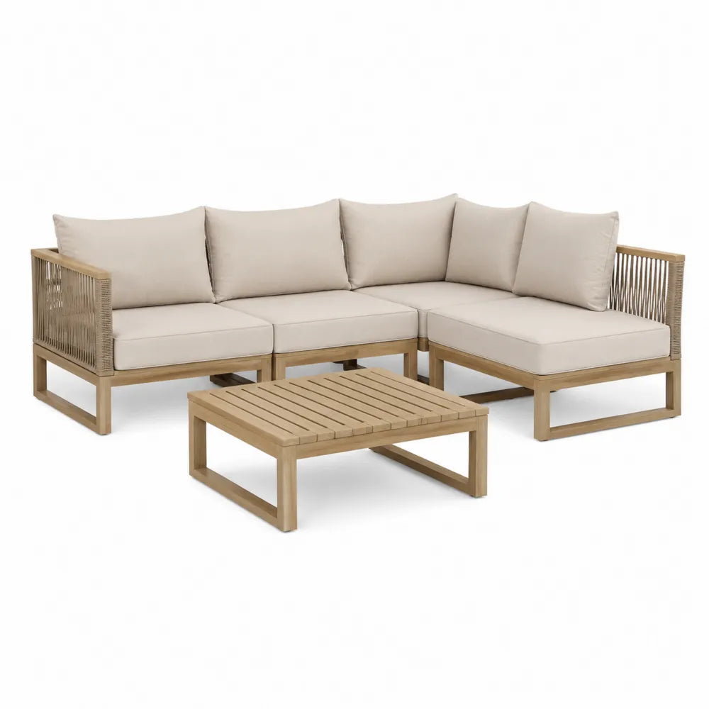 Gartenlounge Set 2-teilig L Form Sofaset mit Couchtisch Holzrahmen PE Seilgeflecht Polyester Kissen Naturholz Beige 230 x 160 x 75 cm Tisch 70 x 70 x 32 cm
