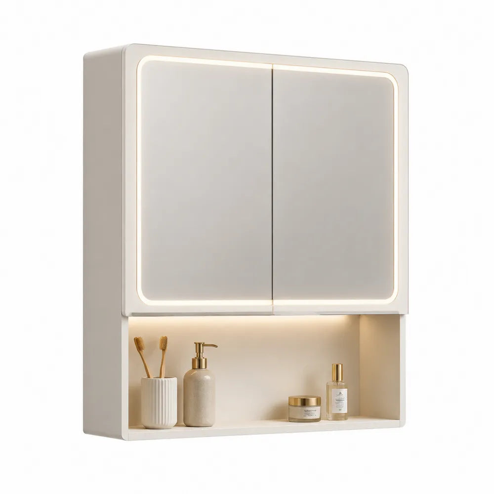 Spiegelschrank Badezimmer LED 60 x 70 x 15 cm Wandmontage MDF Spiegelglas Ablagefach Weiß Beige rechteckig