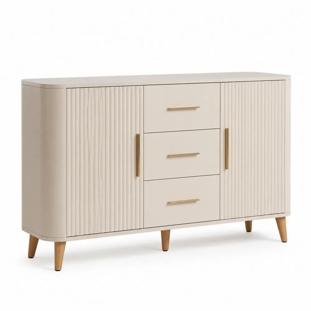 Sideboard Kommode mit 2 Türen und 3 Schubladen Rillenfront MDF Holzwerkstoff Cremeweiß Gold rechteckig 150 cm x 40 cm x 85 cm