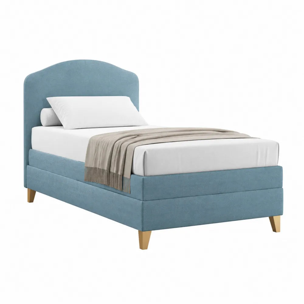Polsterbett Bettgestell 90x200 cm Blau rechteckig Rundbogen Kopfteil Holzwerkstoff Polyester Stoff Holzbeine 212x104x112 cm