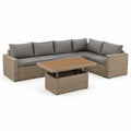 Gartenmöbel Set L-Form Gartensofa 3-Sitzer mit Couchtisch 240 cm x 180 cm x 75 cm PE-Rattan Aluminiumgestell Holzlatten Tischplatte Beige Grau rechteckig