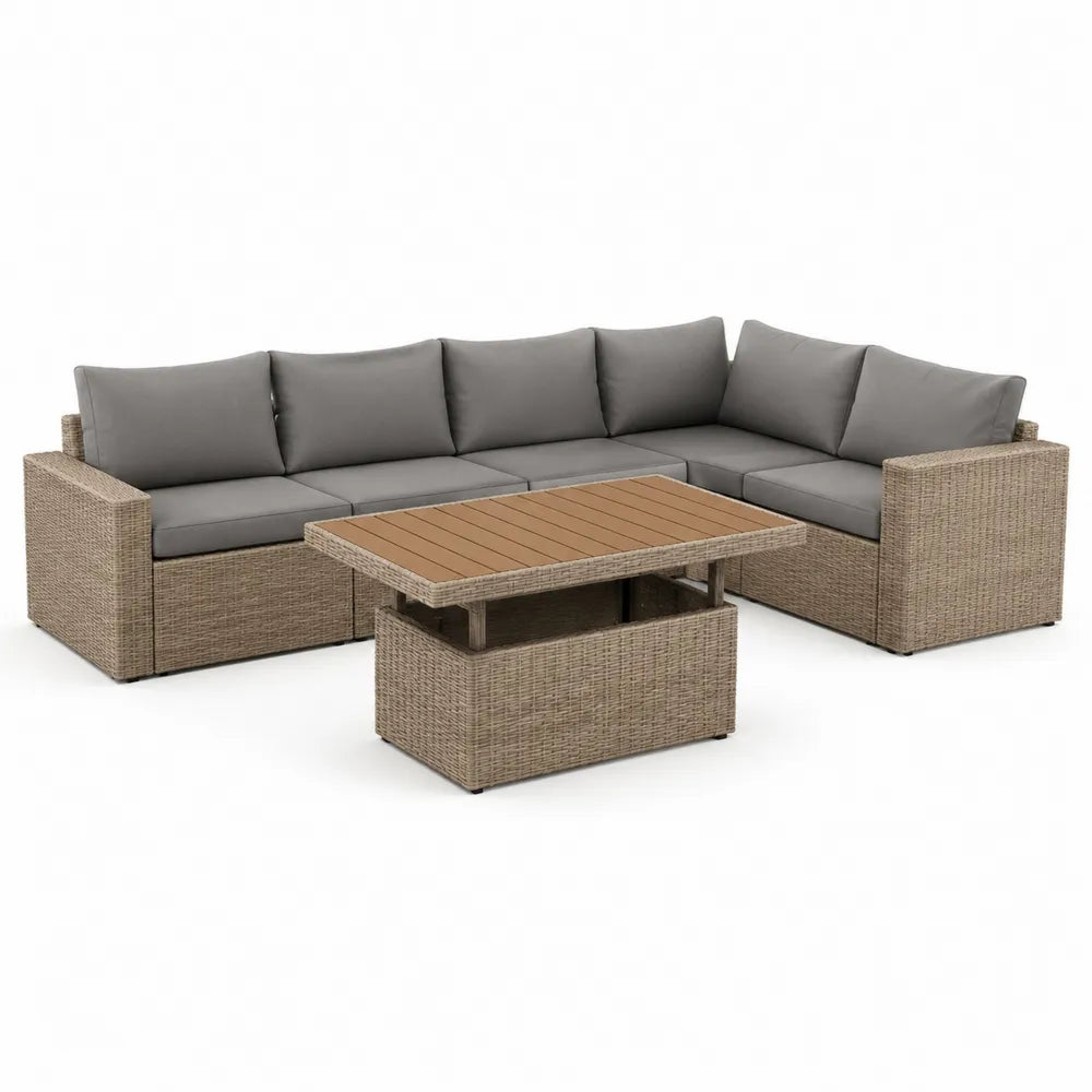 Gartenmöbel Set L-Form Gartensofa 3-Sitzer mit Couchtisch 240 cm x 180 cm x 75 cm PE-Rattan Aluminiumgestell Holzlatten Tischplatte Beige Grau rechteckig