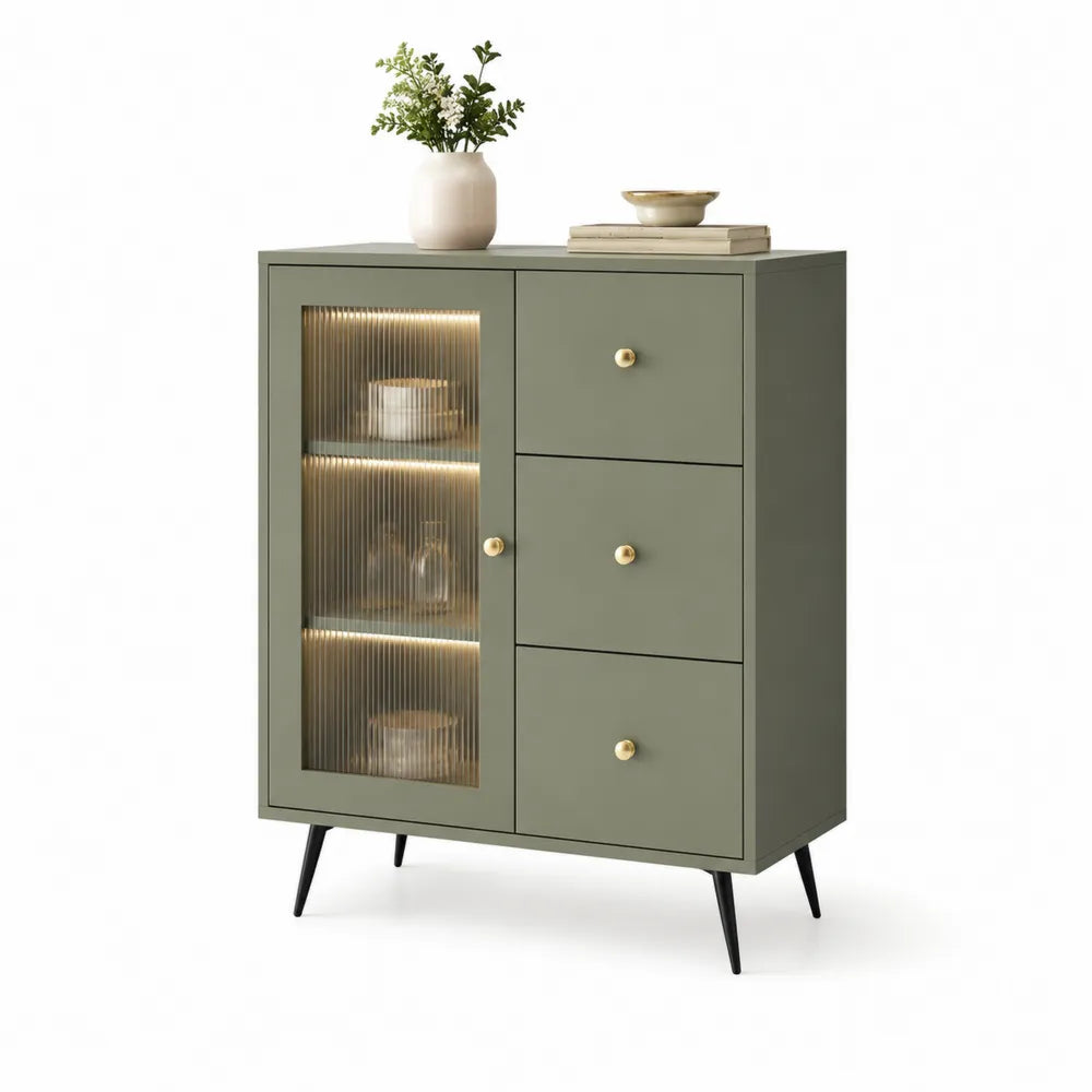 Sideboard mit Glastür und LED Beleuchtung Rillenfront Schubladen MDF Olivgrün Schwarz Gold rechteckig ca. 100 x 40 x 120 cm